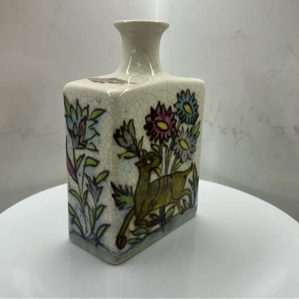 Pottery Barn Ikat Crackled Flower Vase Floral Birds Deer